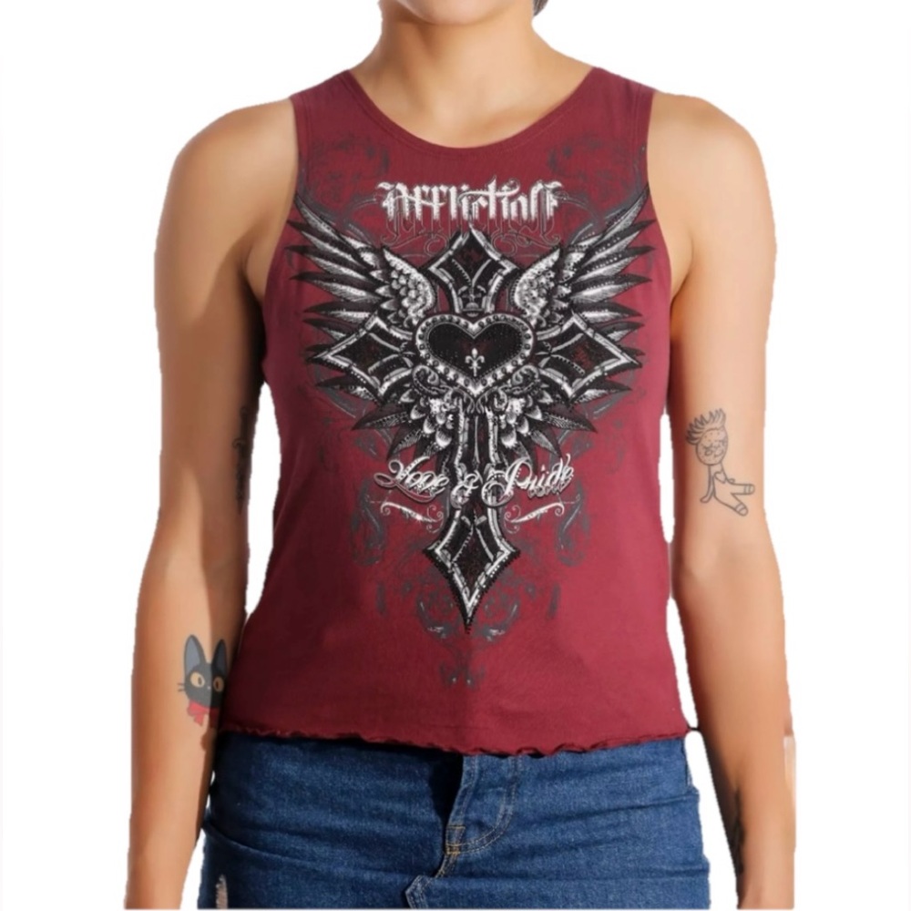 Affliction Rhinestone Heart Cross Girl’s Red Tank Top Size 2XL